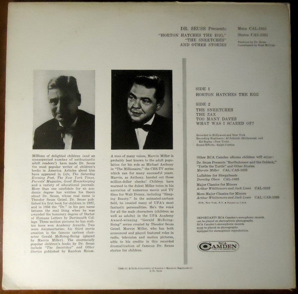 Marvin Miller : Dr Seuss Presents...Horton Hatches The Egg, The Sneetches And Other Stories (LP)