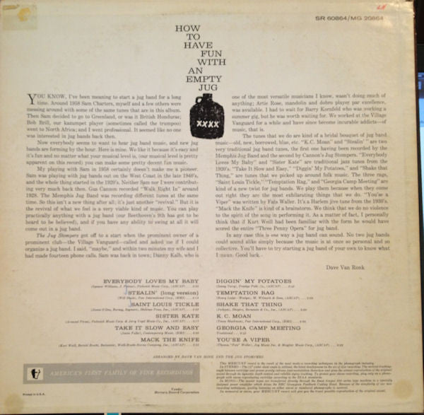 Dave Van Ronk With The Ragtime Jug Stompers : Ragtime Jug Stompers (LP, Mono, Bla)