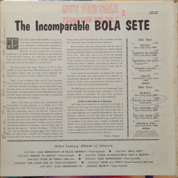 Bola Sete : The Incomparable Bola Sete (LP, Album, Mono, Promo)