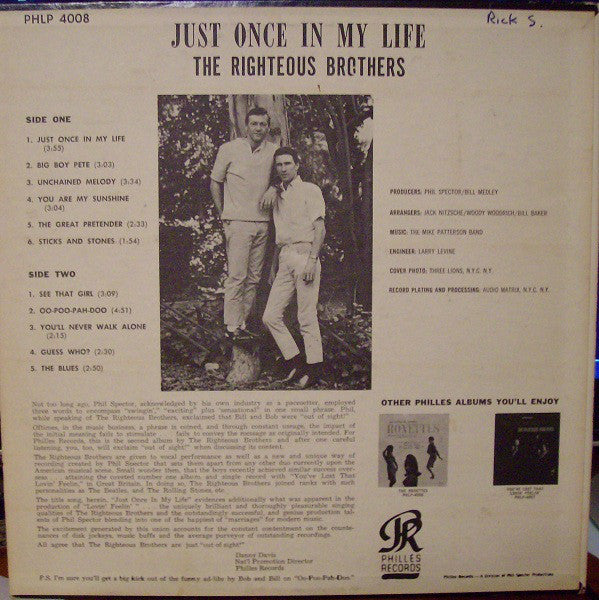 The Righteous Brothers : Just Once In My Life (LP, Album)