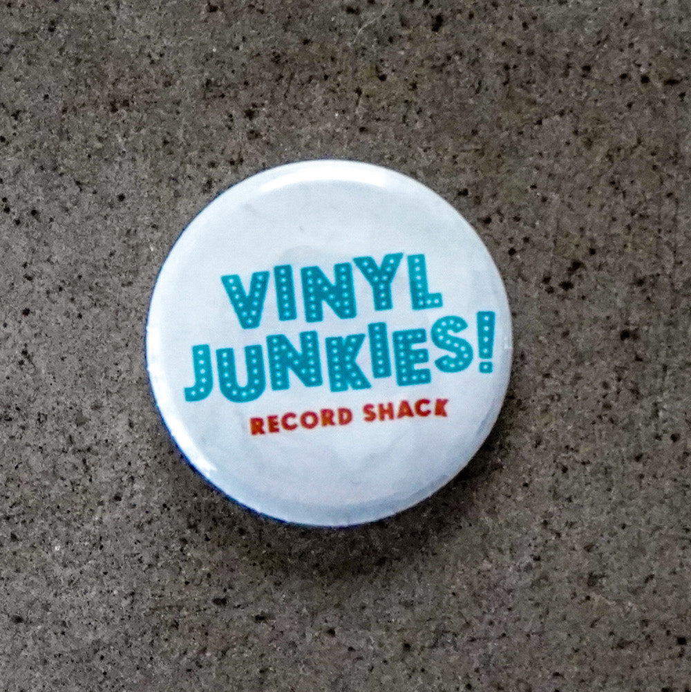 Vinyl Junkies 1" Button - White with Blue Logo